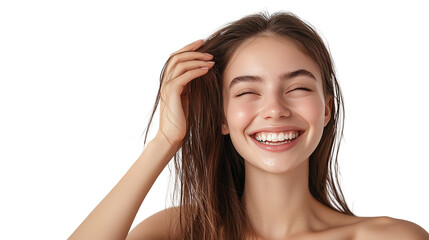 Fototapeta premium Portrait of a smiling young woman holding her hair over white background. clipart, png.