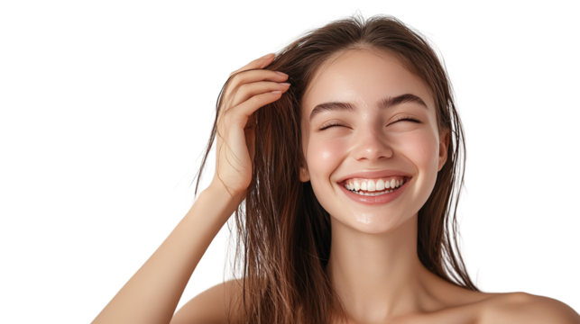 Portrait of a smiling young woman holding her hair over white background. clipart, png.