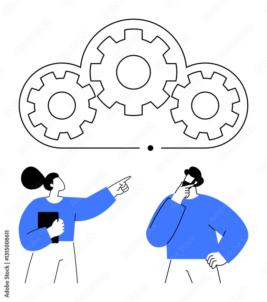 Poster two individuals discussing with gestures under a cloud containing gears. ideal for teamwork, problem