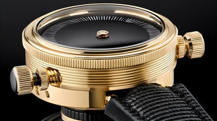 Gold luxury watch detail, black dial, textured band, dark background; for advertising or catalog