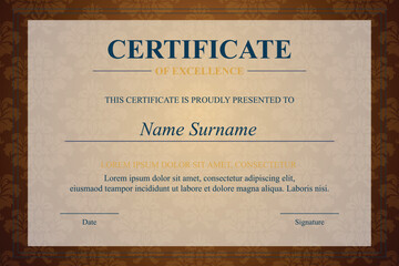 Ornate Certificate of Excellence on Brown Damask
