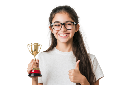 Happy little girl in glasses holding a trophy and showing thumbs up over white background. clipart, png. - Powered by Adobe