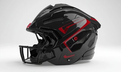 Black and red football helmet on white background, ideal for sports articles