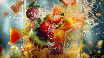 Vibrant Fresh Fruit Explosion in Blender with Strawberries, Kiwi, and Melon Creating a Refreshing Splash of Colorful Juices