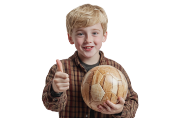 Smiling boy holding a soccer ball and showing thumbs up on white background. clipart, png.