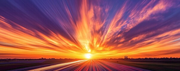 Obraz premium A vivid sunset with vibrant colors over a distant horizon