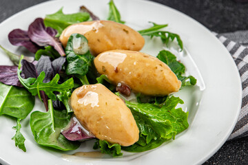 Quenelle meat forest sauce fresh tasty food dish delicious gourmet food background on the table rustic food top view copy space keto and paleo diet