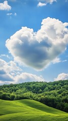 Fototapeta premium Soft heart shaped cloud drifting over verdant rolling hills, symbolizing romantic love landscape under bright summer sky Valentine