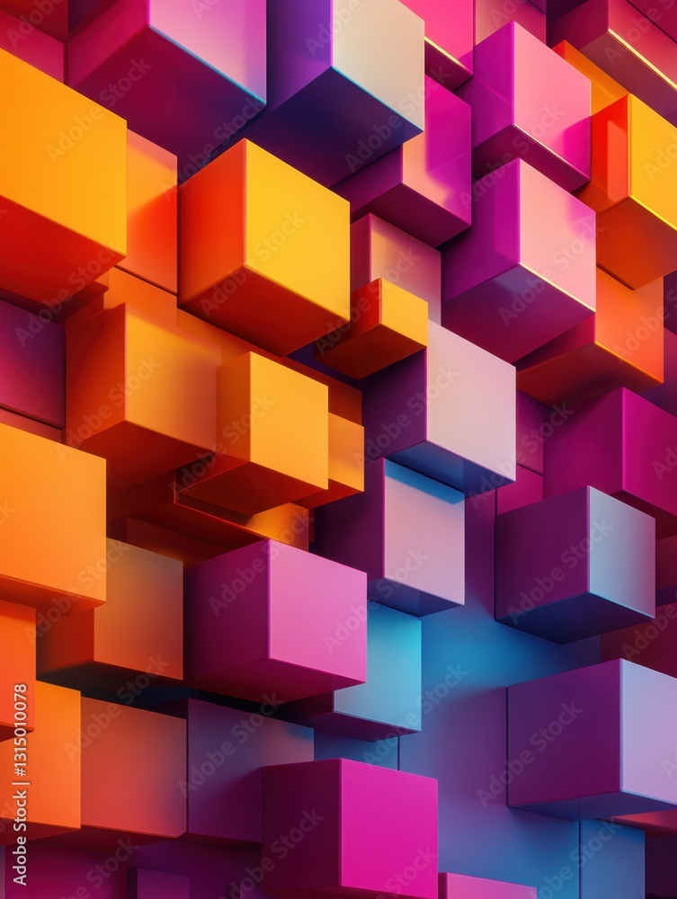 Poster abstract geometric arrangement of vibrant cubes in a dynamic composition with gradient colors and mo