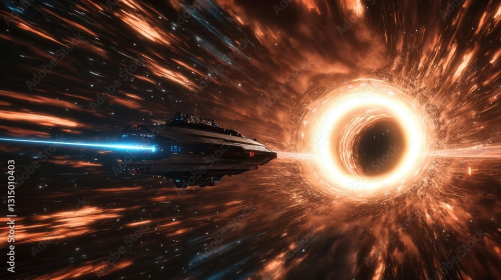 Wall mural a futuristic spaceship approaches the event horizon of a massive black hole, surrounded by swirling 