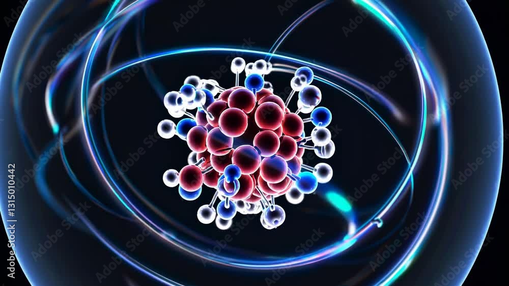 Poster close-up video animation of an atomic structure with swirling energy lines. dynamic and futuristic s