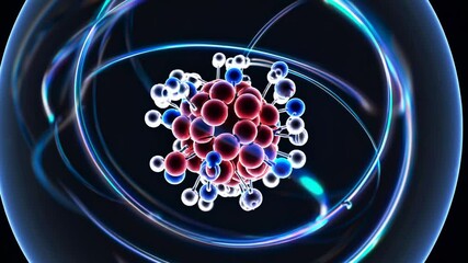Close-up video animation of an atomic structure with swirling energy lines. Dynamic and futuristic style, focusing on molecular details.