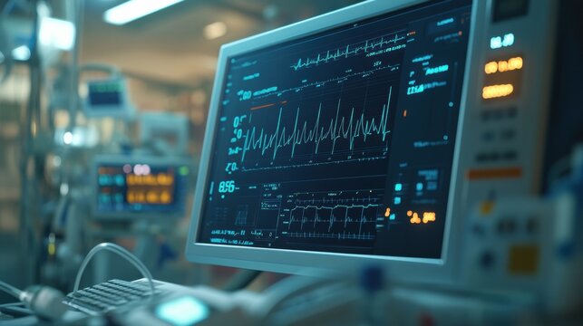 Health monitoring system displaying personalized data in a hospital environment with graphs and readings for advanced patient care