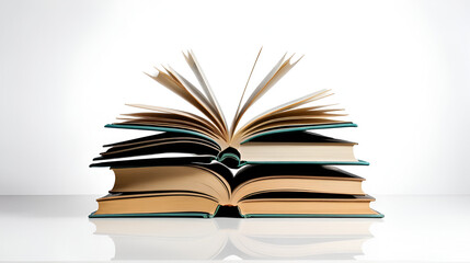 Fototapeta premium pile of books with one book open on white background