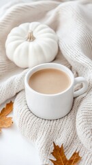 Warm beverage filling white ceramic mug coffee resting on soft beige knit sweater, nearby white pumpkin and scattered autumn leaves depicting seasonal comfort aesthetic background
