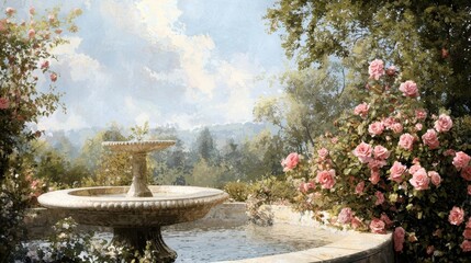 A serene garden features a stone fountain at the center, with lush greenery and vibrant roses in full bloom during a sunny day. The sky is bright with a few clouds