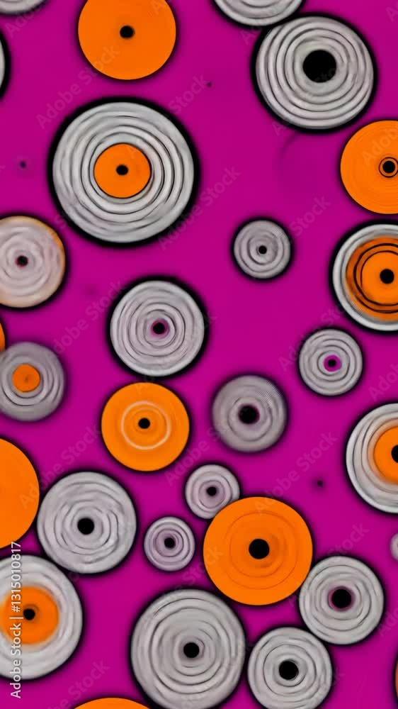 Poster colorful abstract circles scattered across a vibrant pink background displaying contrasting patterns