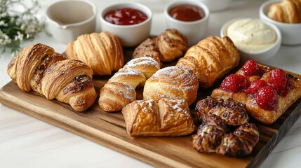 Assorted pastries on wooden serving board