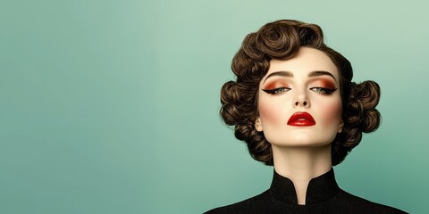 Retro glamour shot of elegant woman with vintage hairstyle, dramatic makeup and red lips on teal background.