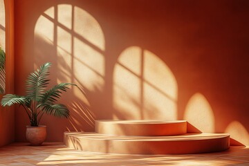 Fototapeta premium Product Display Podium with Plant and Sunlight Shadows on Terracotta Wall