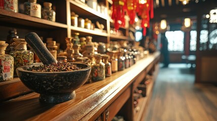 Fototapeta premium Colorful jars filled with various herbs and spices line wooden shelves in a traditional shop. A stone bowl rests on the counter, exuding charm and nostalgia. The warm atmosphere invites exploration