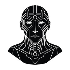 Cybernetic human face with digital implants flat vector with white background
