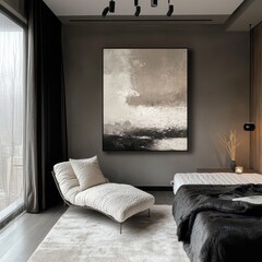 An artfully furnished bedroom with paintings and furniture