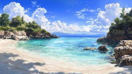 Fototapeta premium A peaceful tropical beach features clear turquoise waters and soft, white sands. Fluffy clouds drift over the horizon under the bright sun, creating a tranquil atmosphere