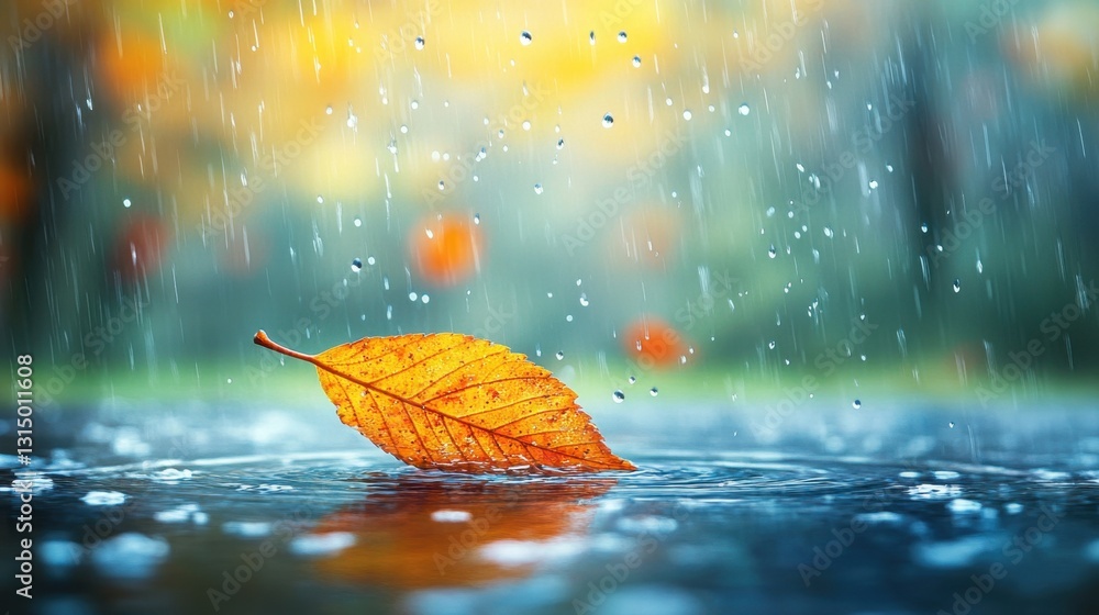 Poster autumnal serenity leaf floating in rain puddle reflecting moody sky capturing nature's transition wi