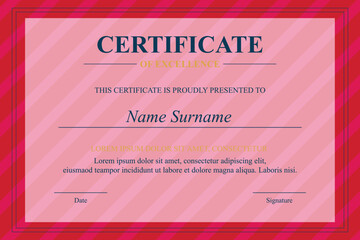 Pink Excellence Certificate Design, Red Stripes Background, Award Document