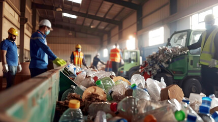 Naklejka premium Workers collect recyclables in a factory setting, emphasizing collaboration and efficient waste management.