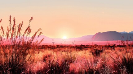Obraz premium The sun sets on a stunning desert landscape, casting warm hues across the sky. Tall grasses sway gently in the breeze as mountains loom on the horizon, creating a serene atmosphere
