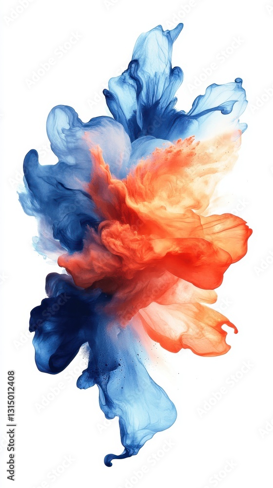Poster abstract explosion of vibrant orange and deep blue ink in water creating a dynamic and artistic desi