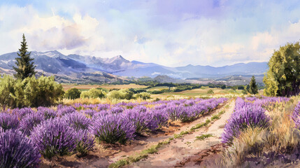 Obraz premium Vibrant lavender fields bloom in rows, contrasting against the mountains in the background and bathed in soft sunlight. A dirt path meanders through the scenic landscape