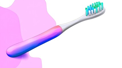 Colorful toothbrush with ombre handle and multi-colored bristles isolated on white background with pink splatter.