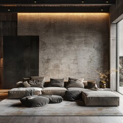 A Modern Living Room Featuring a Dark Comfortable Couch