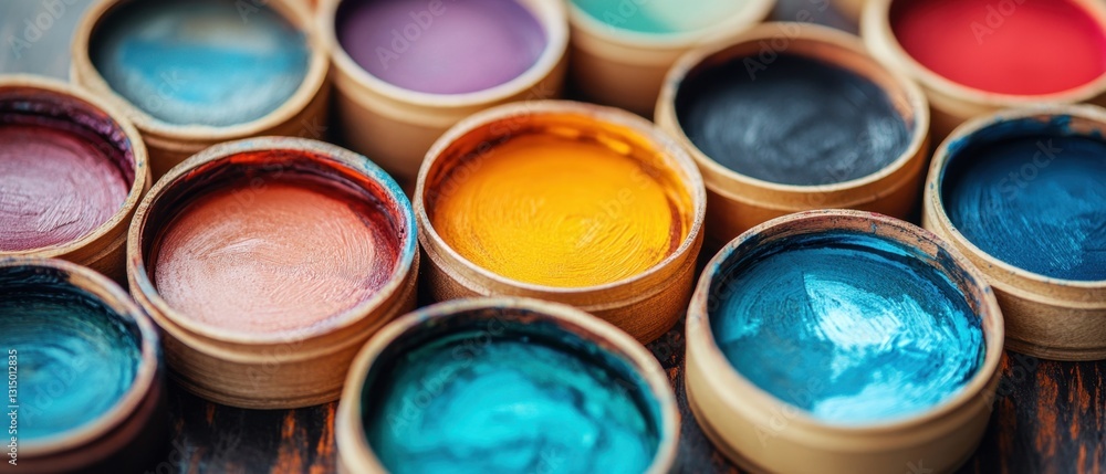 Poster array of vibrant paint tubs on rustic wood surface creates an artistic and colorful composition perf