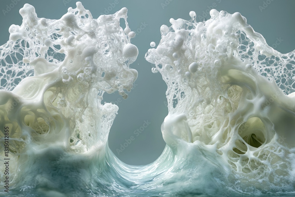Poster abstract image of two frothy, wave-like formations meeting, creating a surreal, ethereal scene.