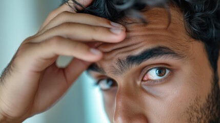 Naklejka premium An Indian man checks his appearance in the mirror before leaving for work. 
