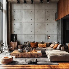 Modern living room showcases a large stylish furniture arrangement