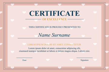 Pink hearts background certificate of excellence template