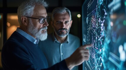 Two men engaged in a detailed discussion while examining data visualizations on a large digital screen in a contemporary office, illuminated by soft lighting at night