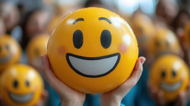 Cheerful smiley face ball representing positive employee engagement and motivation in a fun workplace environment