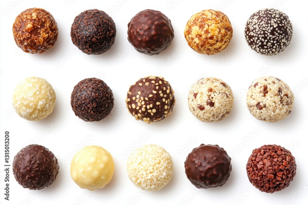 Poster assorted chocolate truffles on a white background displaying a variety of flavors and textures in a 
