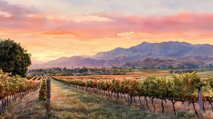 Fototapeta premium A beautiful sunset illuminates a vineyard, with rows of grapevines leading toward mountains. The sky is painted in warm hues, creating a serene atmosphere in the countryside