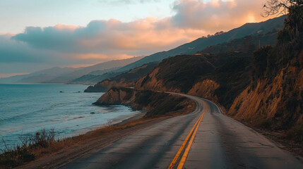 Fototapeta premium A winding road hugs the cliffs overlooking the ocean while the sun sets, casting vibrant colors across the sky. The tranquil scene evokes relaxation and natural beauty