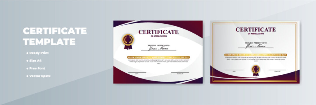 Printable A4 certificate template; burgundy, white design; gray background