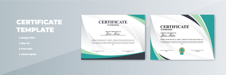 Printable A4 certificate template design; white background, teal accents
