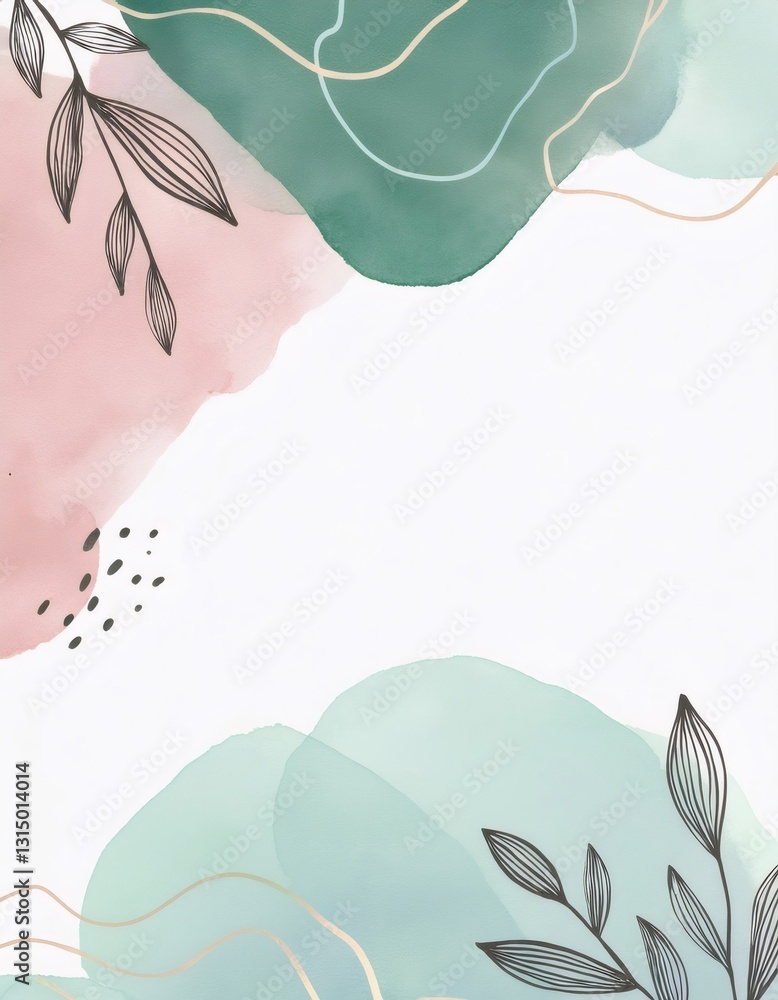 Poster abstract watercolor background with floral line art and golden lines creating a delicate and artisti