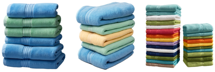 Colorful Stack of Bath Towels: Soft and Absorbent Towel Sets in Various Shades on a transparent background